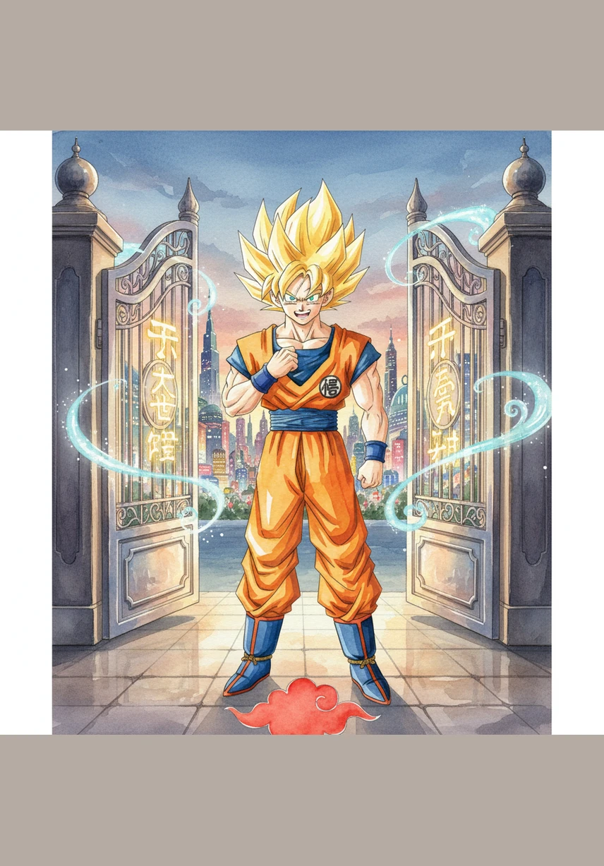 Goku stands before the shimmering gates of Tomoro Land, a place where the lights never dim and the air hums with energy. He adjusts his gi, feeling the excitement of a new world filled with rhythm and wonder.