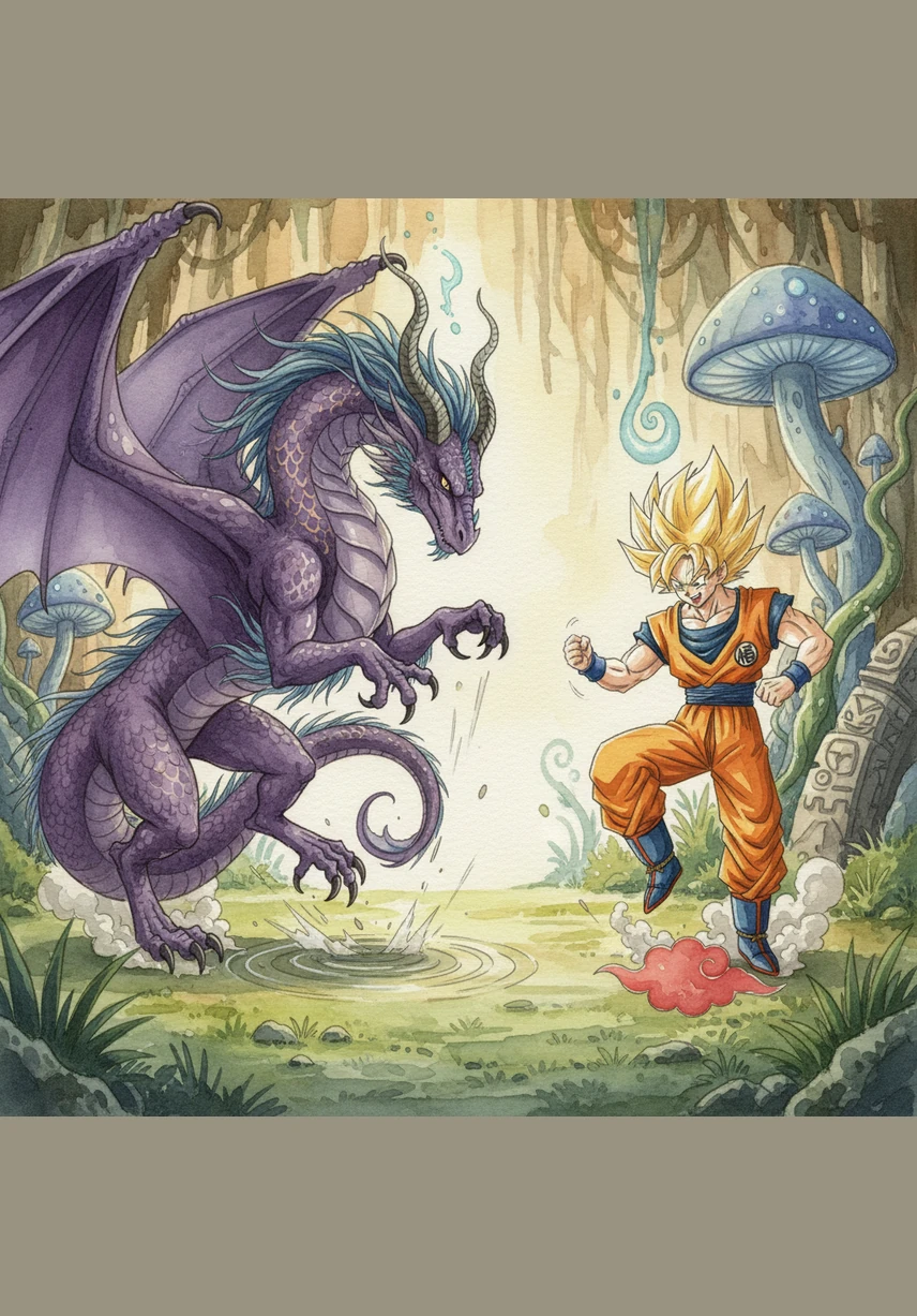 The purple dragon begins to stomp its feet in a rhythmic pattern, creating a bassline that echoes through Tomoro Land. Goku feels the beat in his soul and his feet start to move in sync with the dragon's percussion.