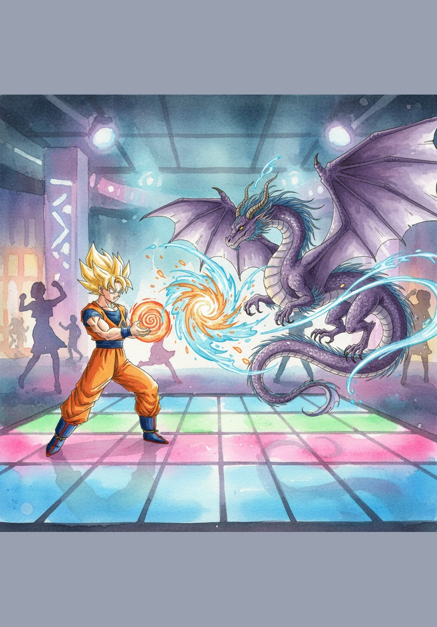 Goku breaks into an energetic dance, mixing high-flying martial arts kicks with smooth, rhythmic slides. The purple dragon joins in, spinning its long body in circles as they become the stars of the neon dance floor.