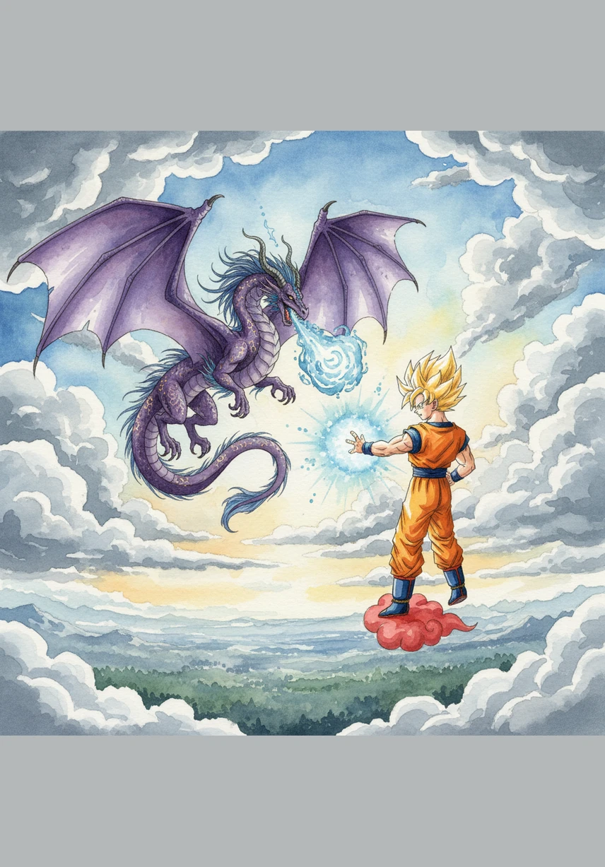 High above, spectacular fireworks begin to explode, bursting into brilliant colors every time Goku and the dragon strike a pose. The sky is a canvas of sparkling gold, violet, and electric blue.