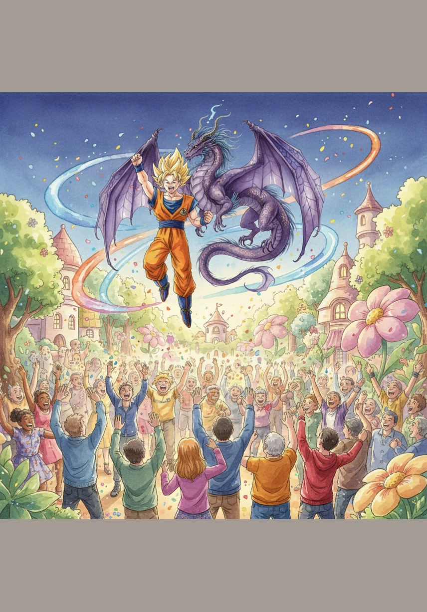 A crowd of cheering fans gathers around, inspired by the incredible duo’s performance. Everyone in Tomoro Land starts to dance along, turning the entire park into one giant, glowing celebration.