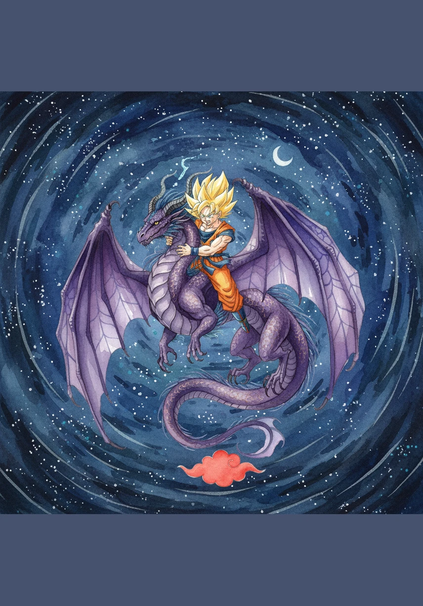 The dragon sweeps Goku up onto its back, and they soar into the air while continuing their synchronized movements. They weave through the exploding fireworks, leaving trails of stardust behind them.
