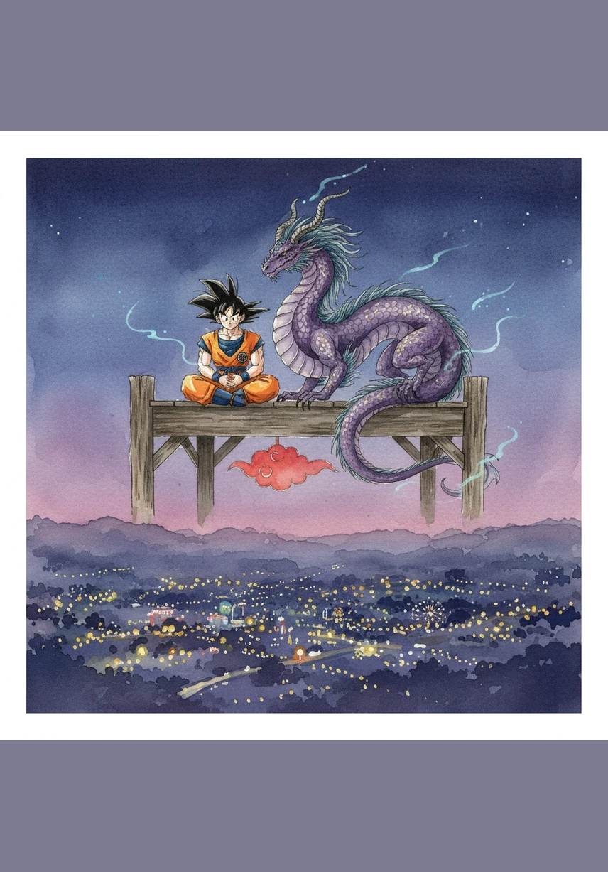 As the music fades into a gentle melody, Goku and the purple dragon sit together on a floating pier, watching the park lights twinkle below. It was a night of rhythm and magic that they would both cherish forever.