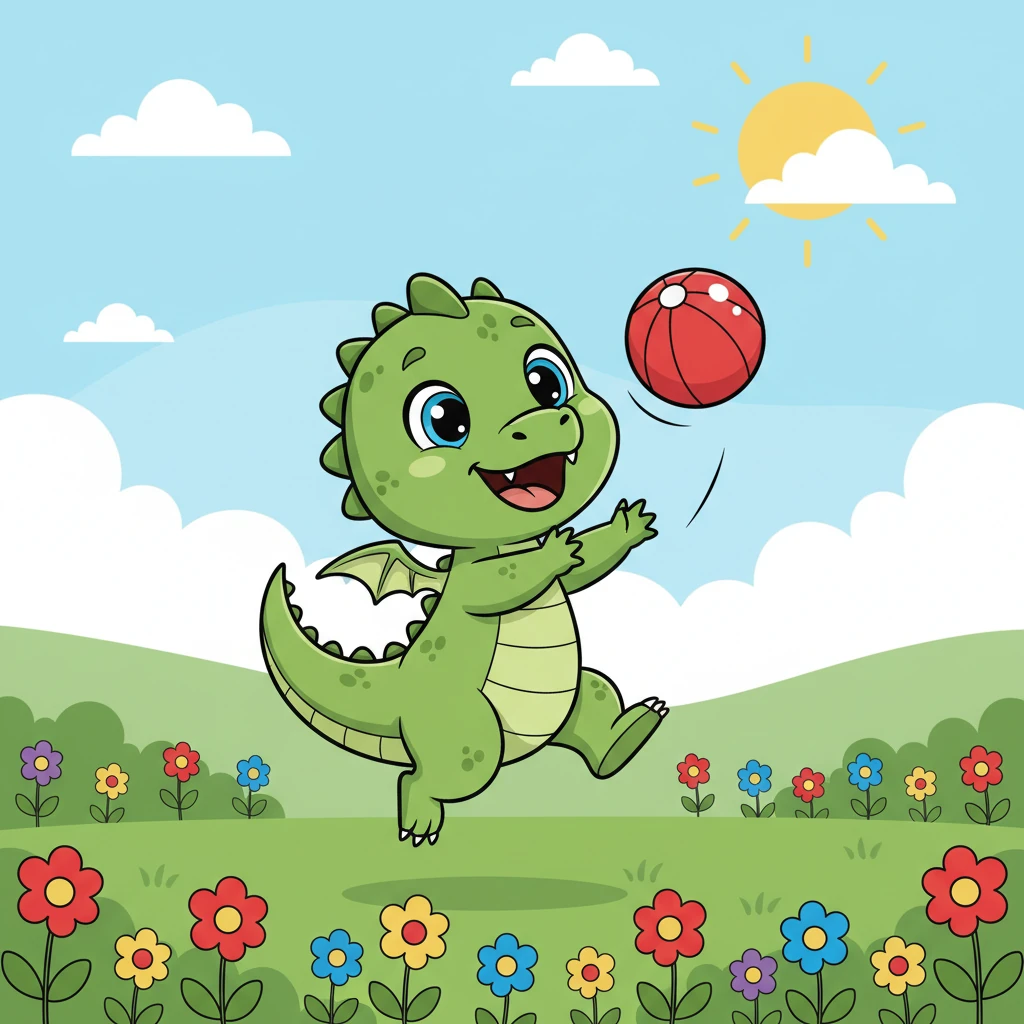 Spark, a cute baby green dragon with big sparkling eyes, small wings, and a curly tail, happily bounces his bright red ball in a sunny green valley filled with colorful flowers. He loves his ball more than anything.