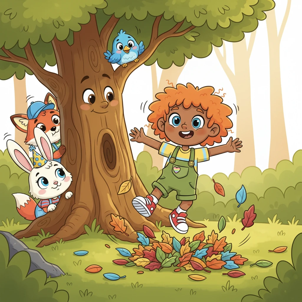 His friends, a fluffy white bunny, a clever red fox, and a colorful blue bird, peek from behind a big tree, watching Spark play. They wish they could join in the fun.