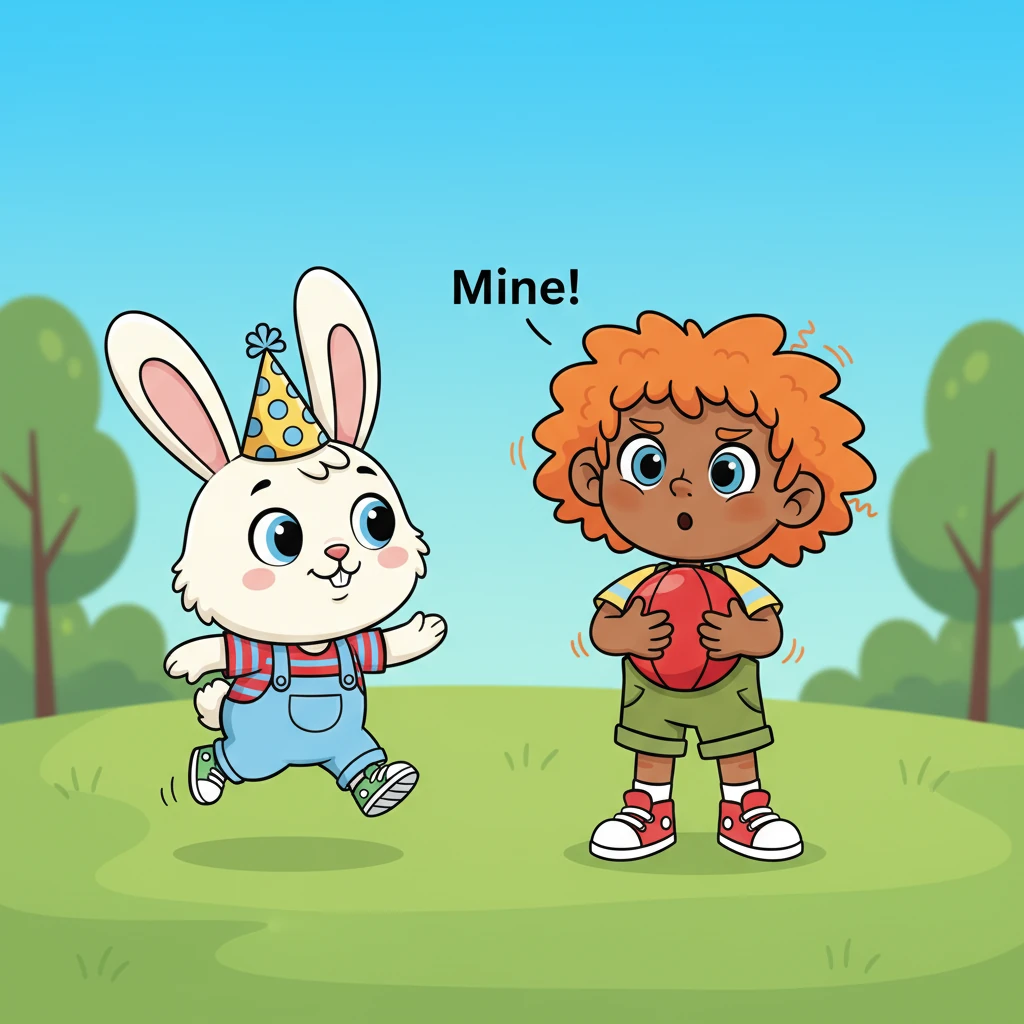 When the bunny hops closer, asking to play, Spark clutches his red ball tightly to his chest. "Mine!" he chirps, shaking his head with a determined frown.