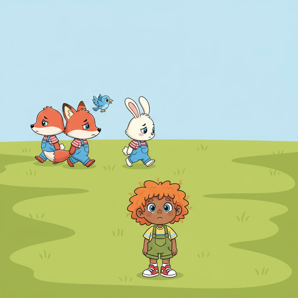The bunny, fox, and bird look sad, their ears drooping, and gently turn to walk away, leaving Spark alone in the vast green field.