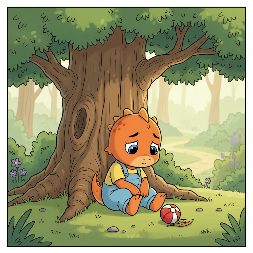 He sits by himself under the big tree, the red ball forgotten beside him, feeling a deep pang of loneliness in his little dragon heart.