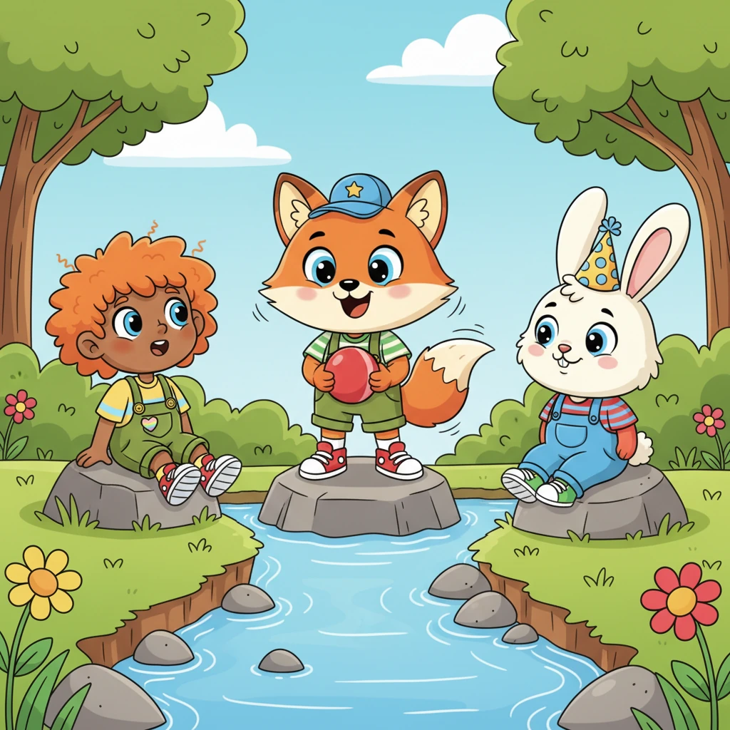 He finds his friends resting by a stream and joyfully offers the red ball. "Want to play?" he asks, his tail wiggling with excitement.