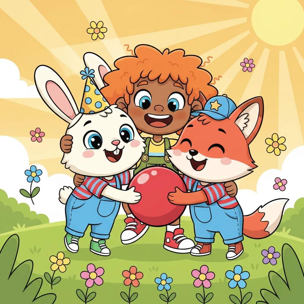 Spark, his friends, and the red ball are all piled together in a joyful, giggling group hug, surrounded by sunshine and flowers. Sharing made their day extra special! The End.