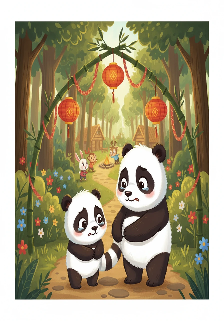 贝贝第一次离开妈妈，站在森林夏令营的入口，他的小鼻子皱在一起，眼睛里充满了害怕。他紧紧地抱着妈妈的尾巴，心里既兴奋又紧张，不知道夏令营里会发生什么事情。