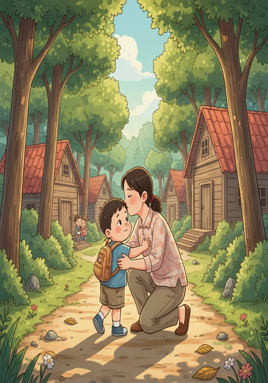 贝贝和妈妈依依不舍地告别，妈妈温柔地亲吻了他的额头，鼓励他勇敢地去探索。贝贝鼓起勇气，向夏令营的小木屋走去，阳光透过树叶洒在他身上，一切都显得那么陌生。