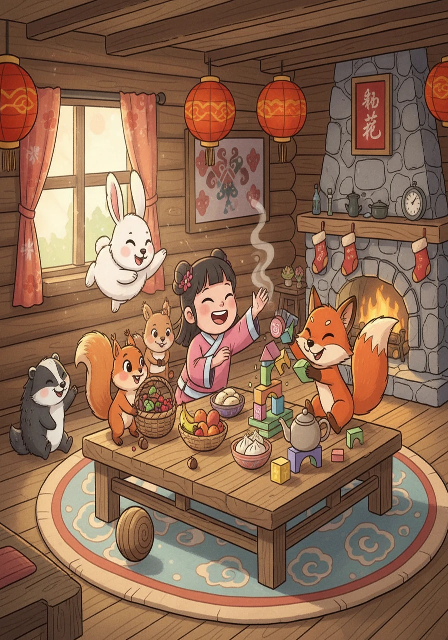 在小木屋里，贝贝遇到了许多其他小动物，有活泼的小兔子，友善的小松鼠，还有一只喜欢恶作剧的小狐狸。大家一起玩游戏，分享食物，贝贝渐渐放下了心中的恐惧。