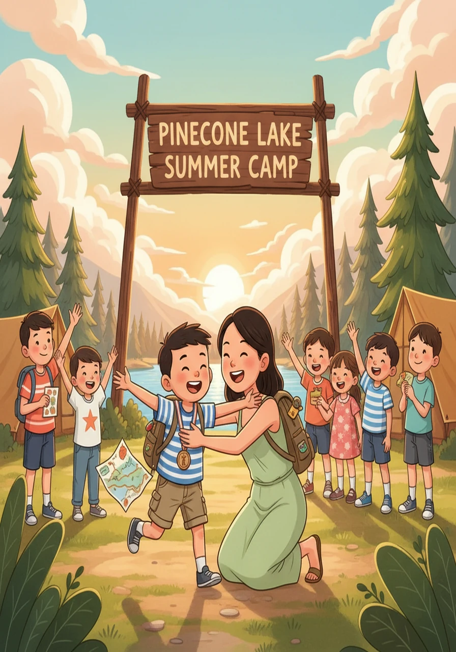 夏令营结束了，贝贝变得更加勇敢和独立，他开心地迎接妈妈，向妈妈分享着夏令营里的一切。他知道，这次经历让他成长了许多，也让他收获了珍贵的友谊。