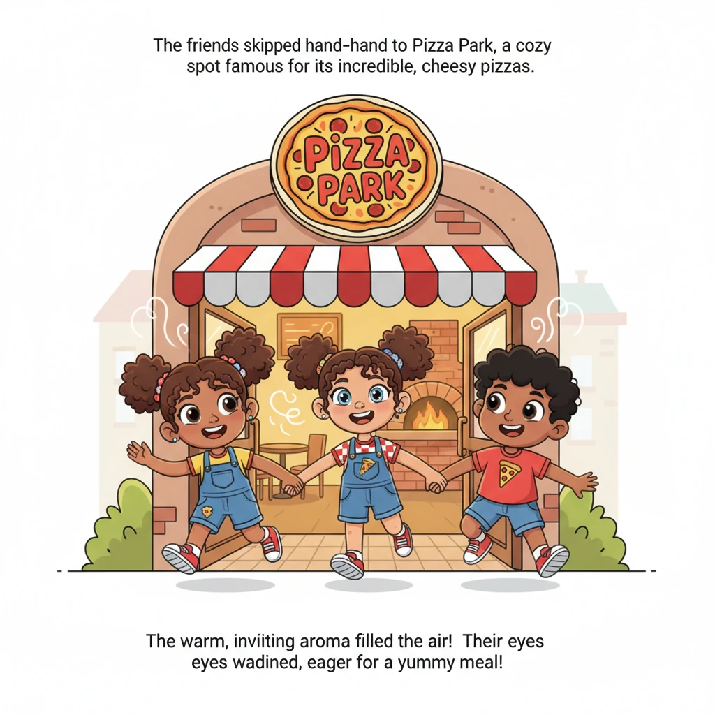 The friends skipped hand-in-hand to Pizza Park, a cozy spot famous for its incredible, cheesy pizzas. As they stepped inside, the warm, inviting aroma