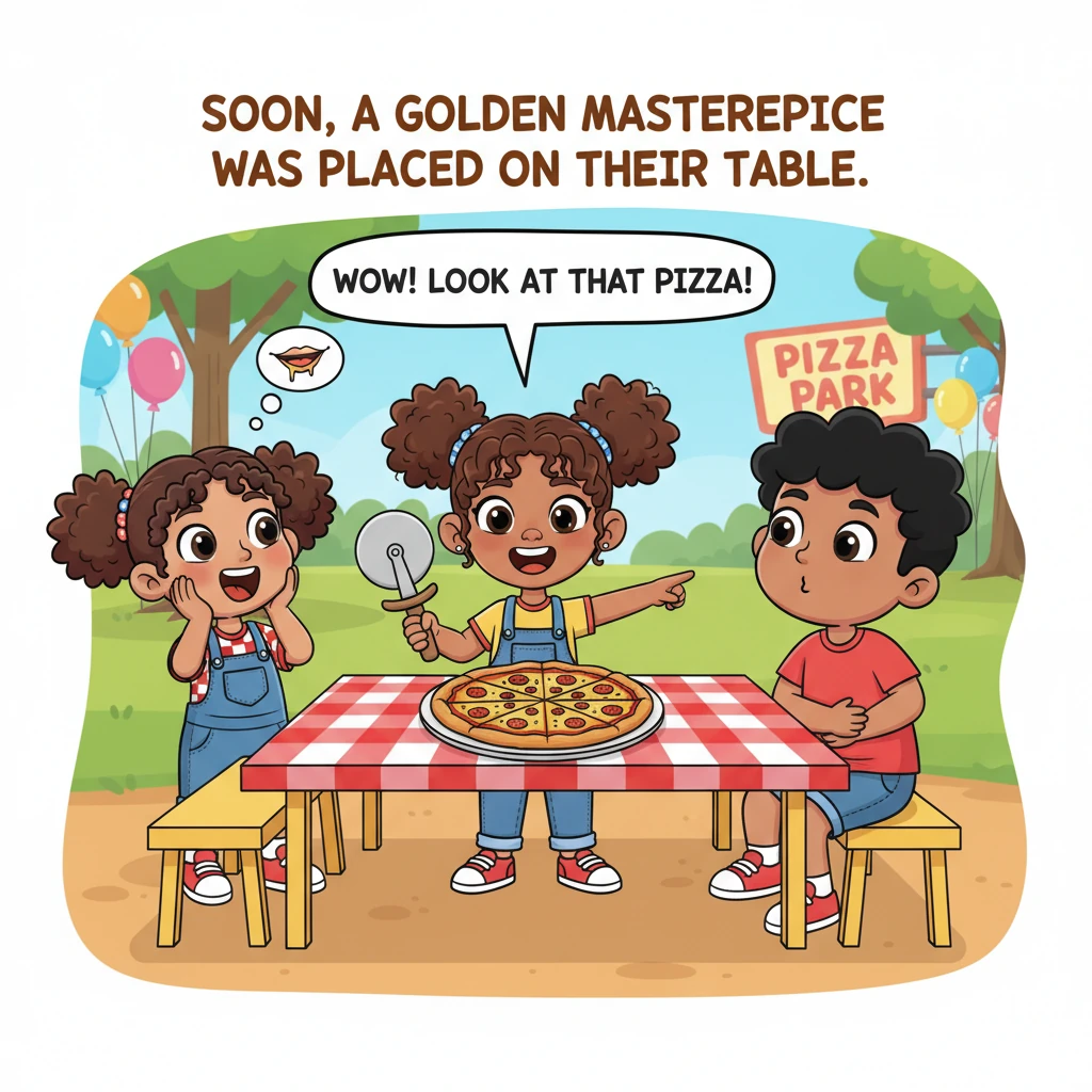 Soon, a large, perfectly round pizza was placed on their table. It was a golden masterpiece, generously covered in cheese and cut into exactly eight e