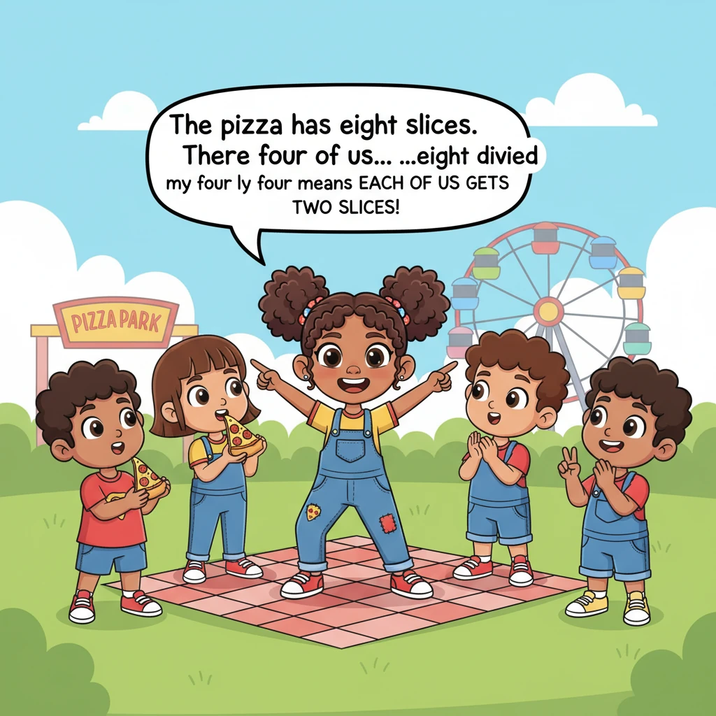 “The pizza has eight slices,” Lina announced, pointing to the perfectly cut pieces. “There are four of us, so if we share equally, we need to divide e
