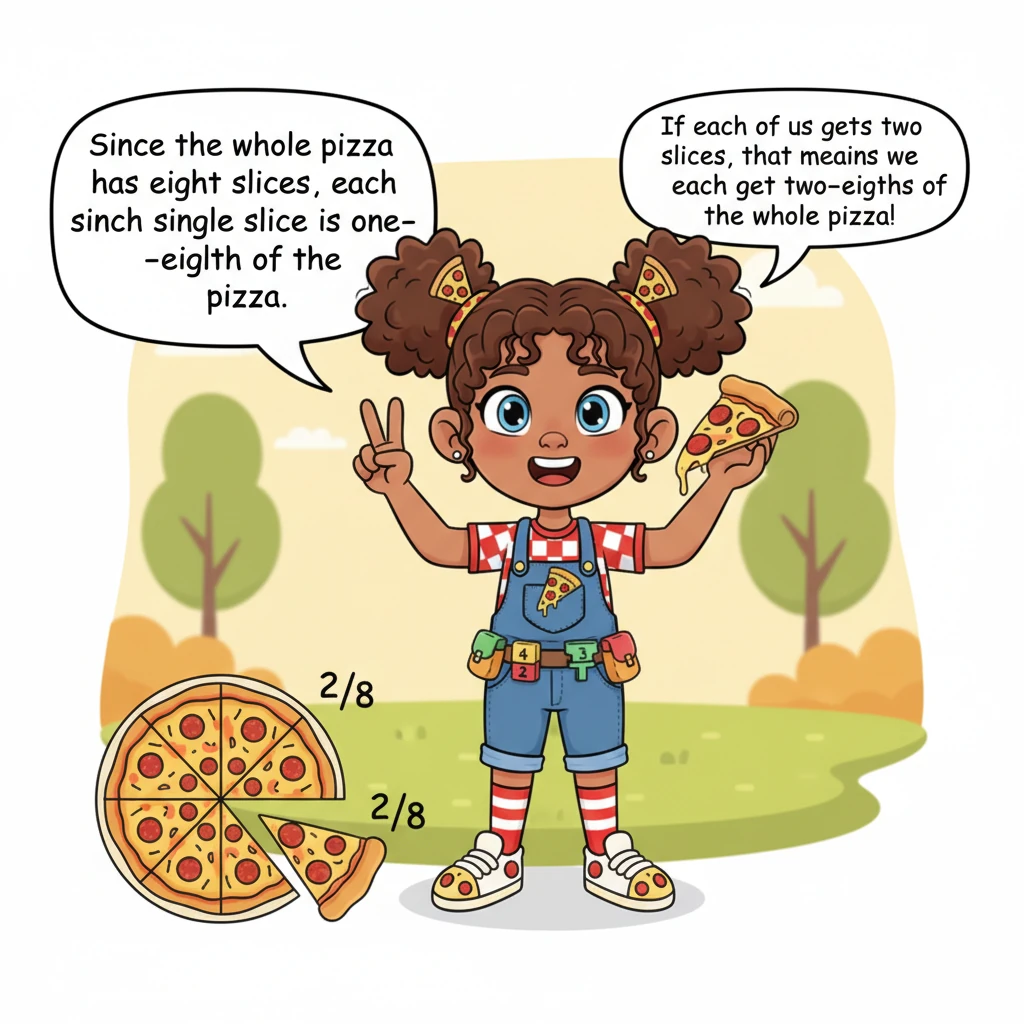 Lina continued, holding up one finger for each slice. “Since the whole pizza has eight slices, each single slice is one-eighth of the pizza. If each o