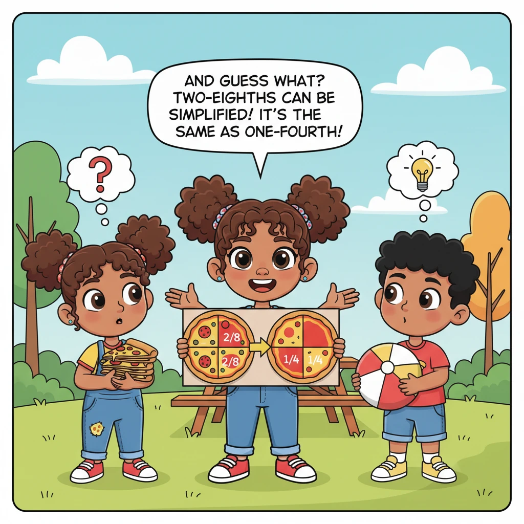 She grinned, feeling very clever. “And guess what? Two-eighths can be simplified! It’s the same as one-fourth!” Her friends listened intently, their e