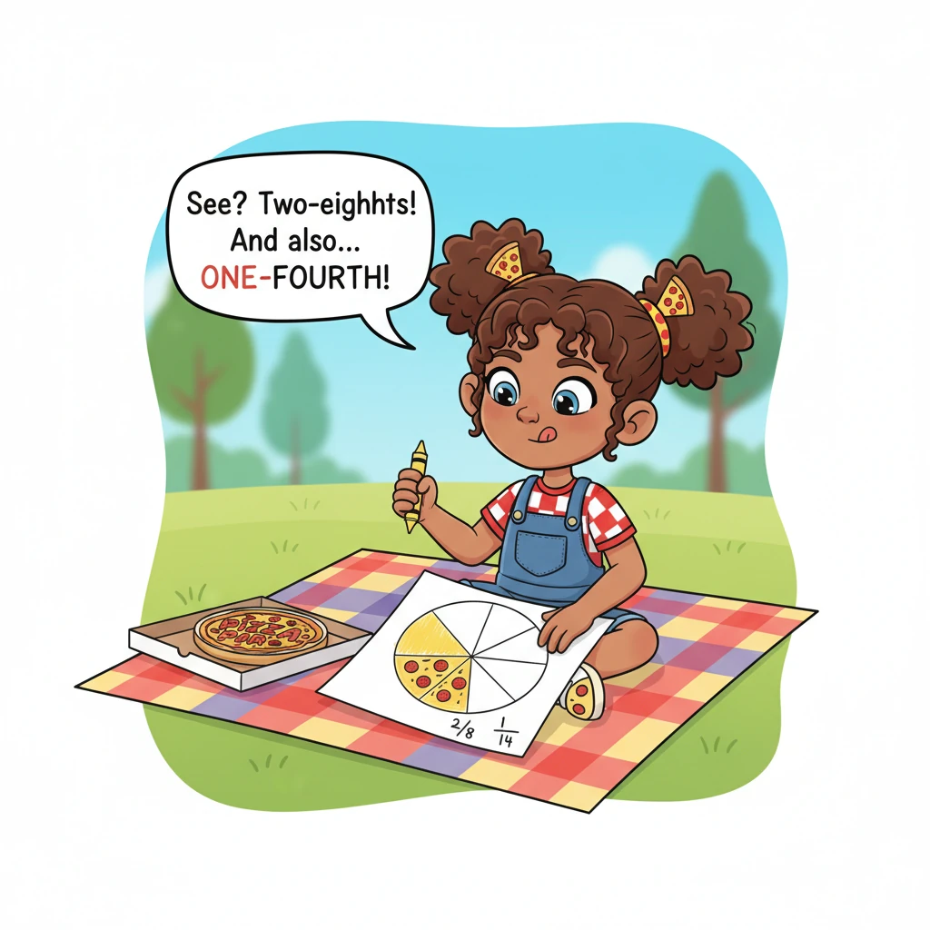 To make it super clear, Lina pulled out a piece of paper and a crayon. She quickly drew a big circle, just like the pizza, and divided it into eight e