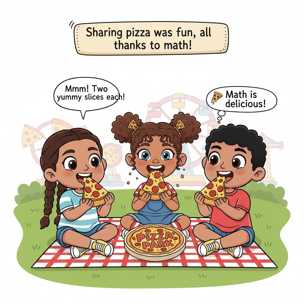 With a newfound understanding, everyone happily reached for their two slices of pizza. They munched contentedly, savoring the cheesy goodness. The fri