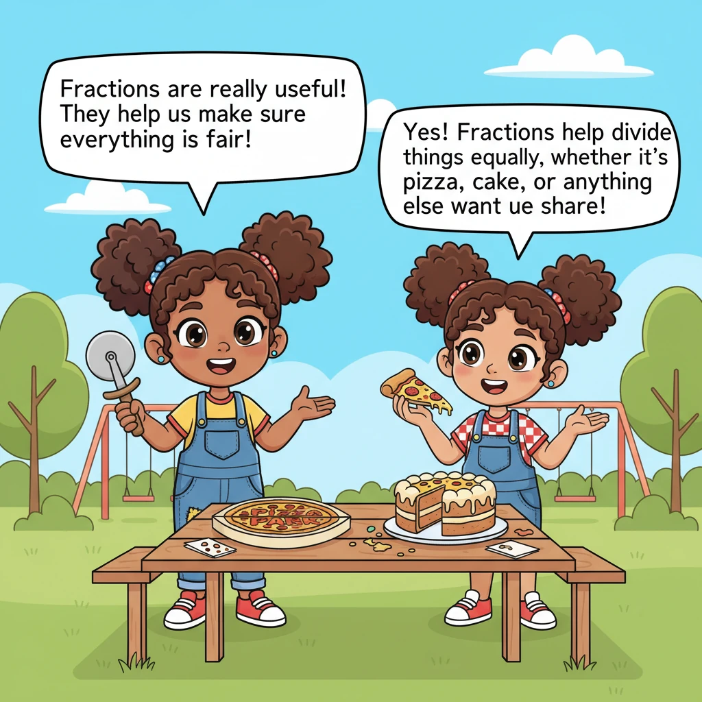 Feeling full and cheerful, Lisa exclaimed, “Fractions are really useful! They help us make sure everything is fair!” Lina nodded in agreement, “Yes! F