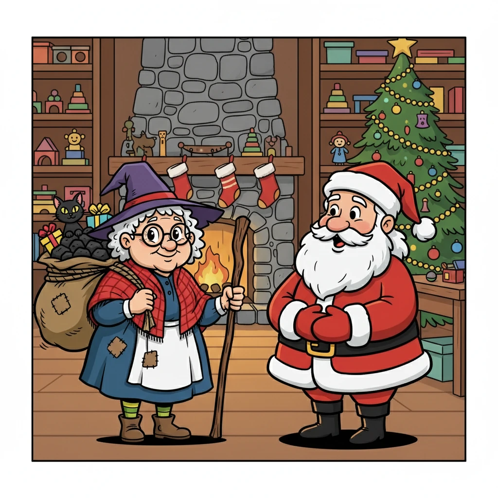 Santa, with his jolly belly and rosy cheeks, listened intently. He understood Befana's predicament, the weight of being seen as the 'bad guy' when all she truly wanted was to bring joy. He nodded, offering a warm smile of reassurance.