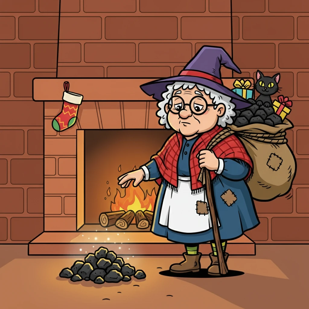 Befana remembered a time when coal was a precious resource, a way to keep warm. Now, it was a symbol of naughtiness. She felt the sting of this unfair reputation, wishing for a change.