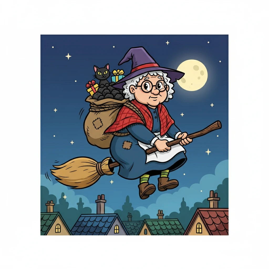 Befana, inspired, decided to visit the children. She flew on her broomstick, a little unsure but determined. The wind whipped her gray hair as she soared over twinkling rooftops.