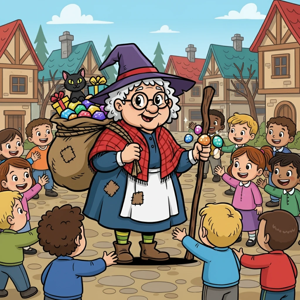 She landed in a small village, where the children were eagerly awaiting her. Instead of coal, she decided to give them something else: small, shiny, colorful rocks – each representing a good deed.