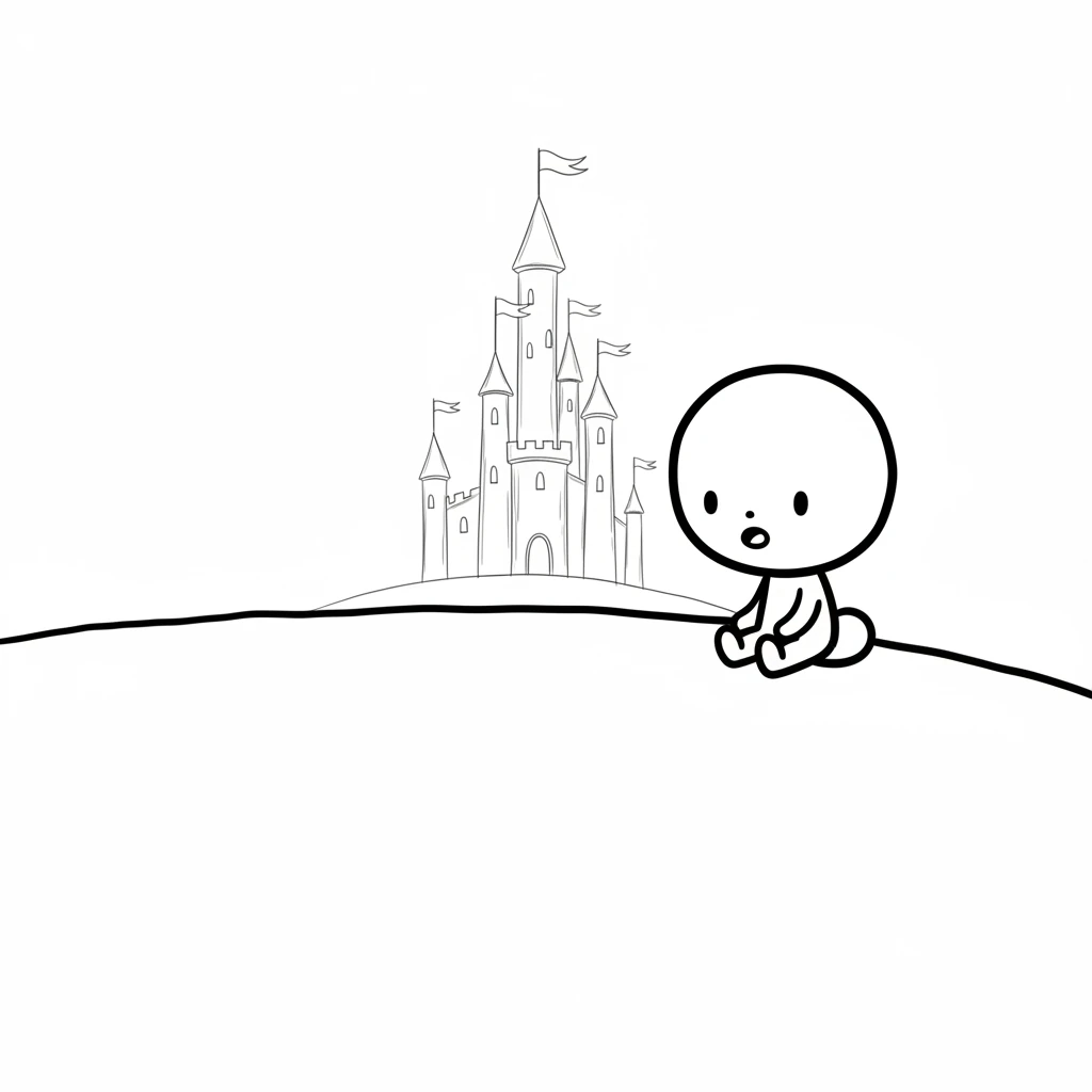 Little Pip sits on a small hill, a simple round head and curved body. Pip gazes across a plain, white landscape towards a tall, faded castle with simple towers and flags, drawn with thin, almost ghostly lines. The world feels quiet and still.