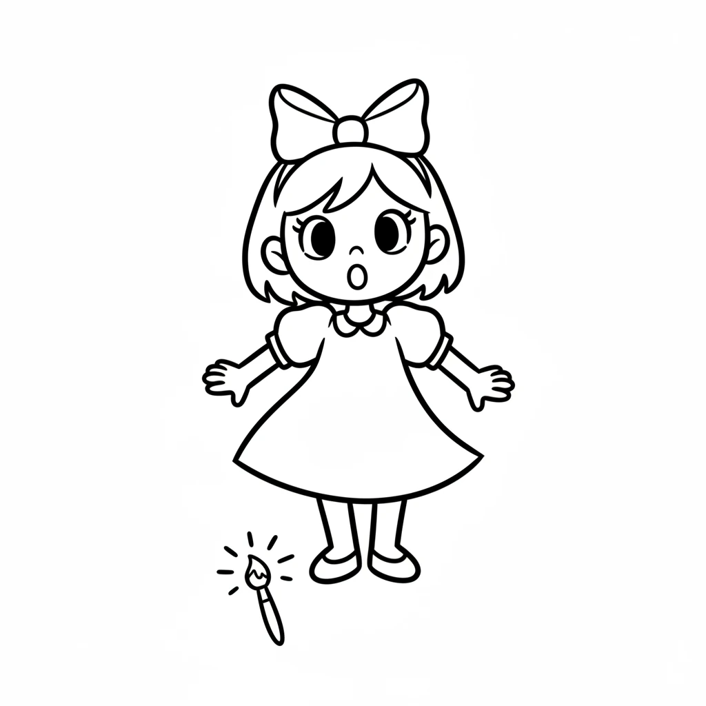 Suddenly, a tiny, glowing paintbrush appears on the ground near Pip's feet. It has a simple handle and a small, bright tip, drawn with a single bold line. Pip's round eyes widen in surprise.