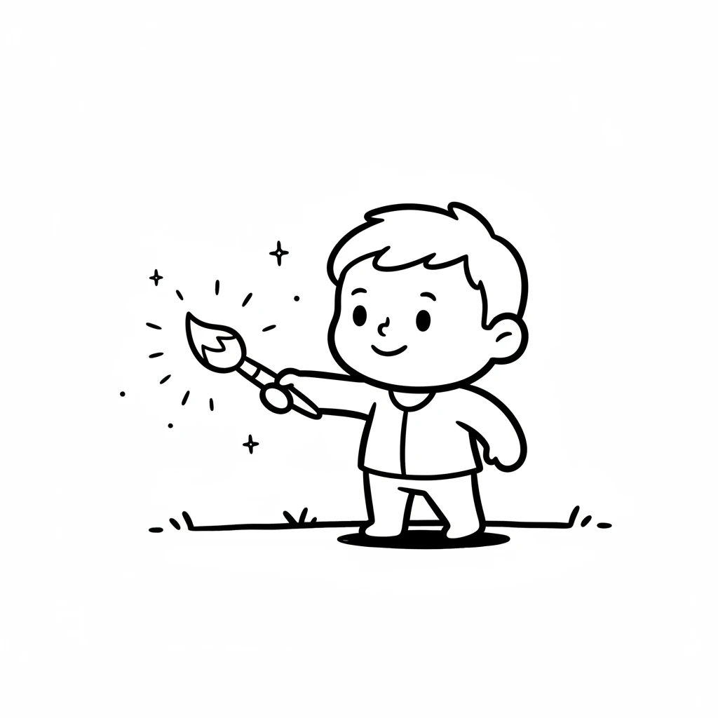 Pip gently reaches out a curved arm and picks up the magical brush. The brush glows with a soft, inviting light, casting a faint, simple circle around Pip's hand. A spark of wonder fills the air.