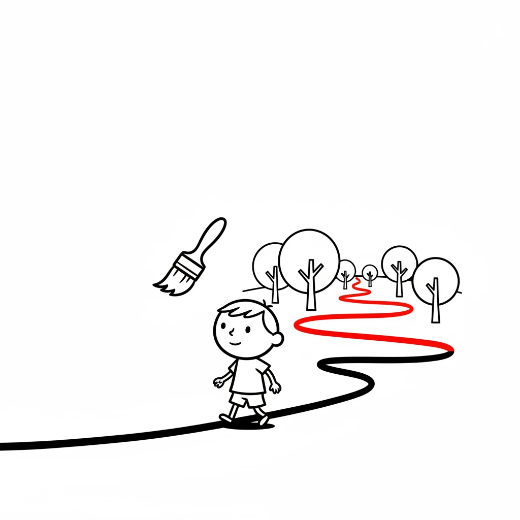The paintbrush begins to float, leading Pip along a winding path. Behind them, the path turns a bold, happy red, a single thick line tracing their journey through simple, rounded trees. Pip follows with curious steps.