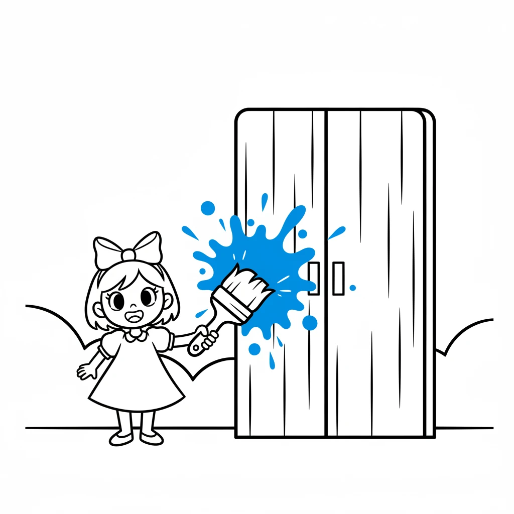 Pip and the glowing paintbrush arrive at the castle's tall, plain gate. The paintbrush touches the gate, and a vibrant, bold blue splash instantly blooms, making the gate gleam with new life. Pip smiles brightly.