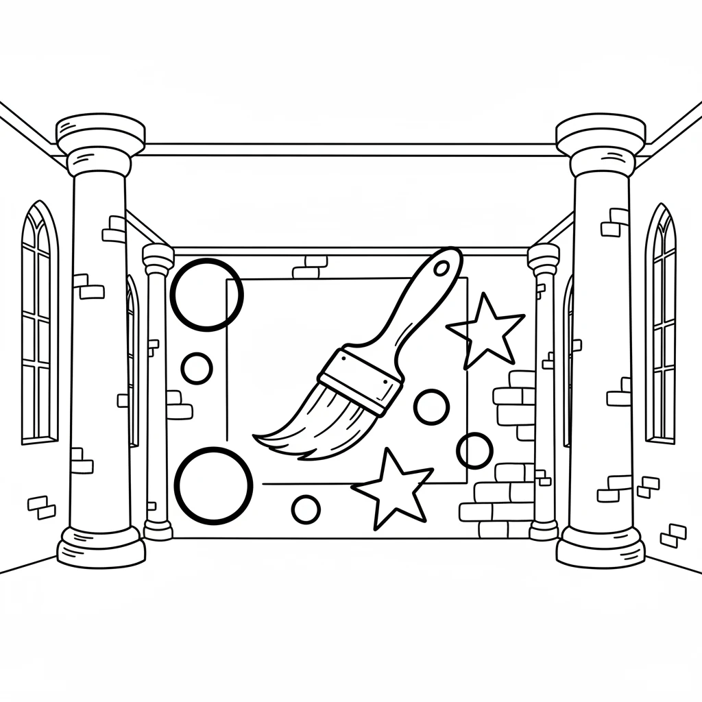 Inside a grand, empty castle hall, the paintbrush dances and swirls. It paints a magnificent, simple mural on the wall, bursting with bold, happy shapes like circles and stars in bright yellow and green. The hall feels less lonely.