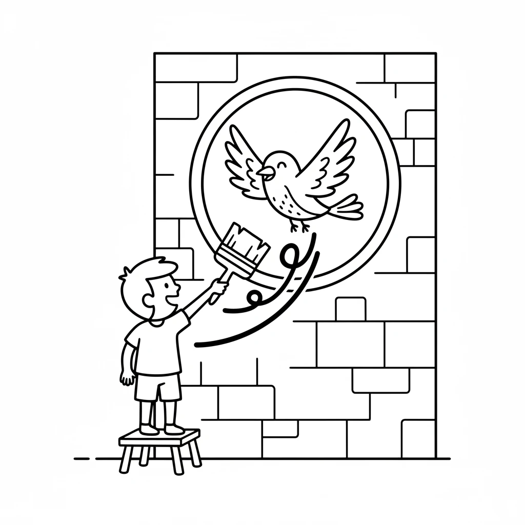 Pip uses the brush to paint a round window on a plain wall. Through the newly painted window, a cheerful, simple bird with swooping wings flies by, leaving a trail of bold pink in its wake. The castle feels alive.