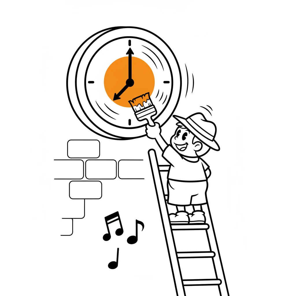 Pip adds a splash of brilliant orange to a plain, round clock on the wall. The clock's hands, once still, now spin happily, marking the joyful passage of time within the castle. A soft chime seems to echo.