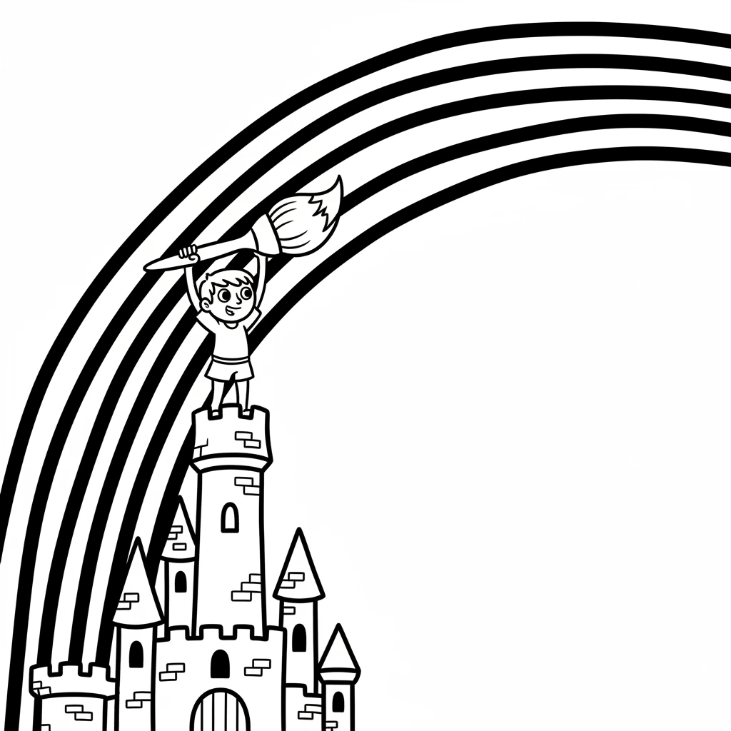 Pip stands on the very top of the tallest castle tower, holding the magical paintbrush high. With a flourish, a huge, arching rainbow of bold, pure colors erupts over the entire castle, reaching across the sky. The world is transformed.