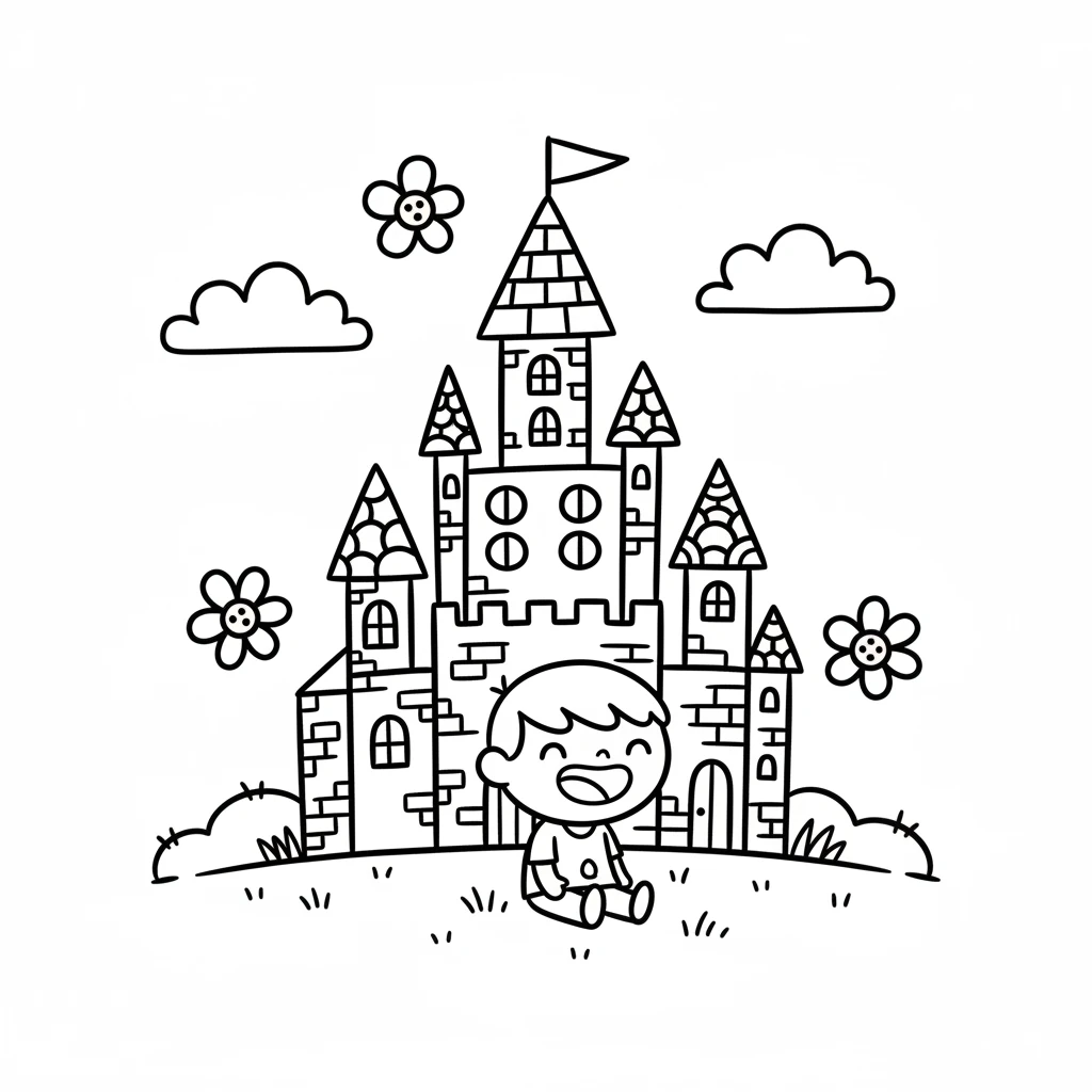 Pip sits happily on the grass outside the now vibrant, colorful castle. The castle gleams with bold hues, and friendly, simple shapes like flowers and clouds float around, all painted in pure, joyful lines. Pip's adventure is complete.
