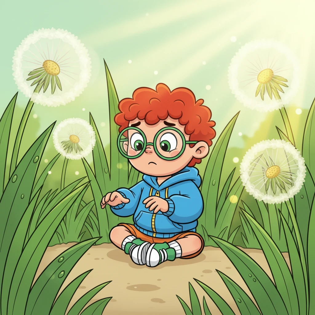 Milo, a cheerful boy with bright red curly hair and big green glasses, sat cross-legged in his vibrant green backyard. He loved exploring, even if it was just among the giant dandelions and towering blades of grass. The sun shone down, making everything sparkle, but today, something important was missing.