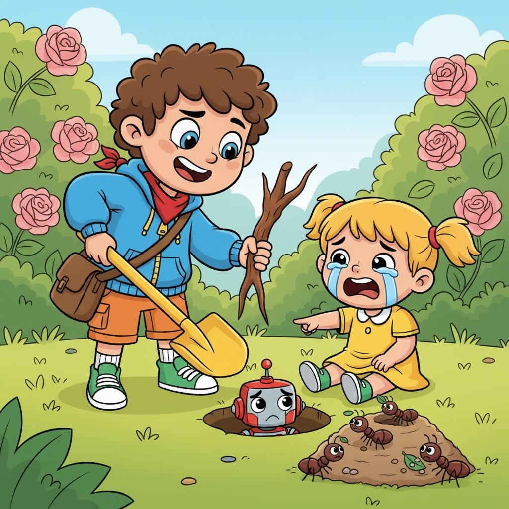Suddenly, a tiny wail echoed from near the rose bushes. It was his little sister, Lily, her face scrunched up in tears. Her beloved toy robot, Sparky, had tumbled down a small, mysterious hole right beside a bustling ant hill. Milo knew he had to help, and he knew just the trick.