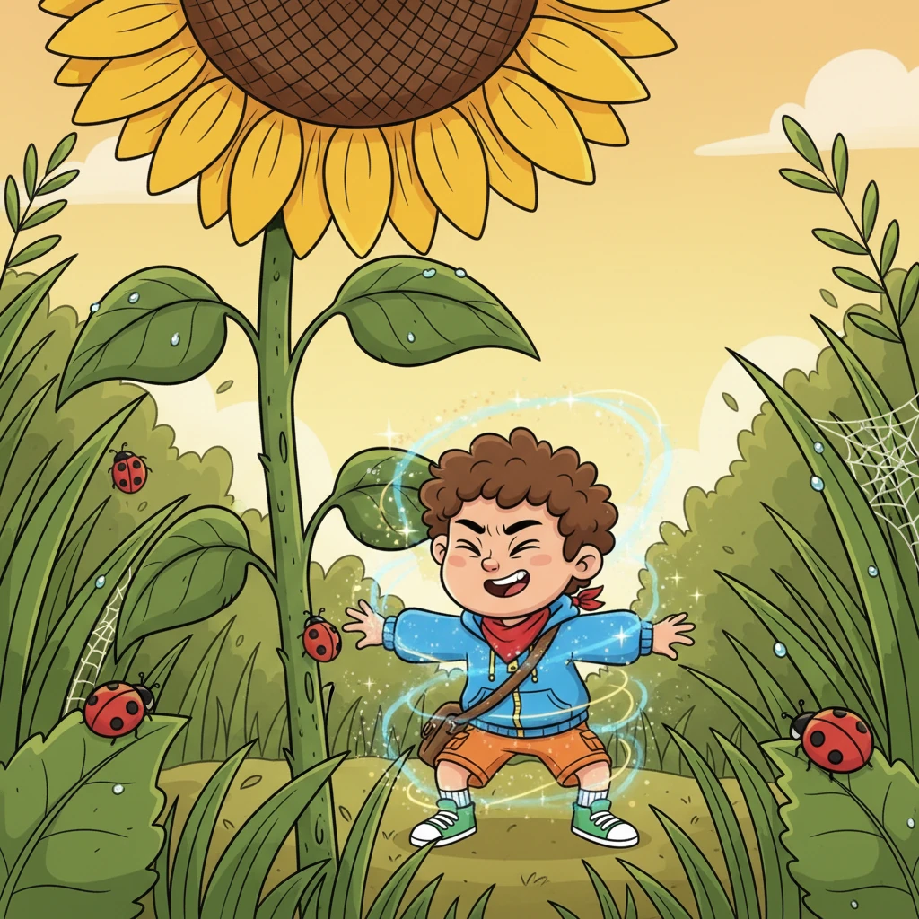 With a mischievous grin, Milo found a quiet spot behind a giant sunflower. He squeezed his eyes shut, concentrating hard, and a shimmering, swirling light enveloped him. In a blink, the world around him exploded in size, and Milo was no bigger than his own thumb!