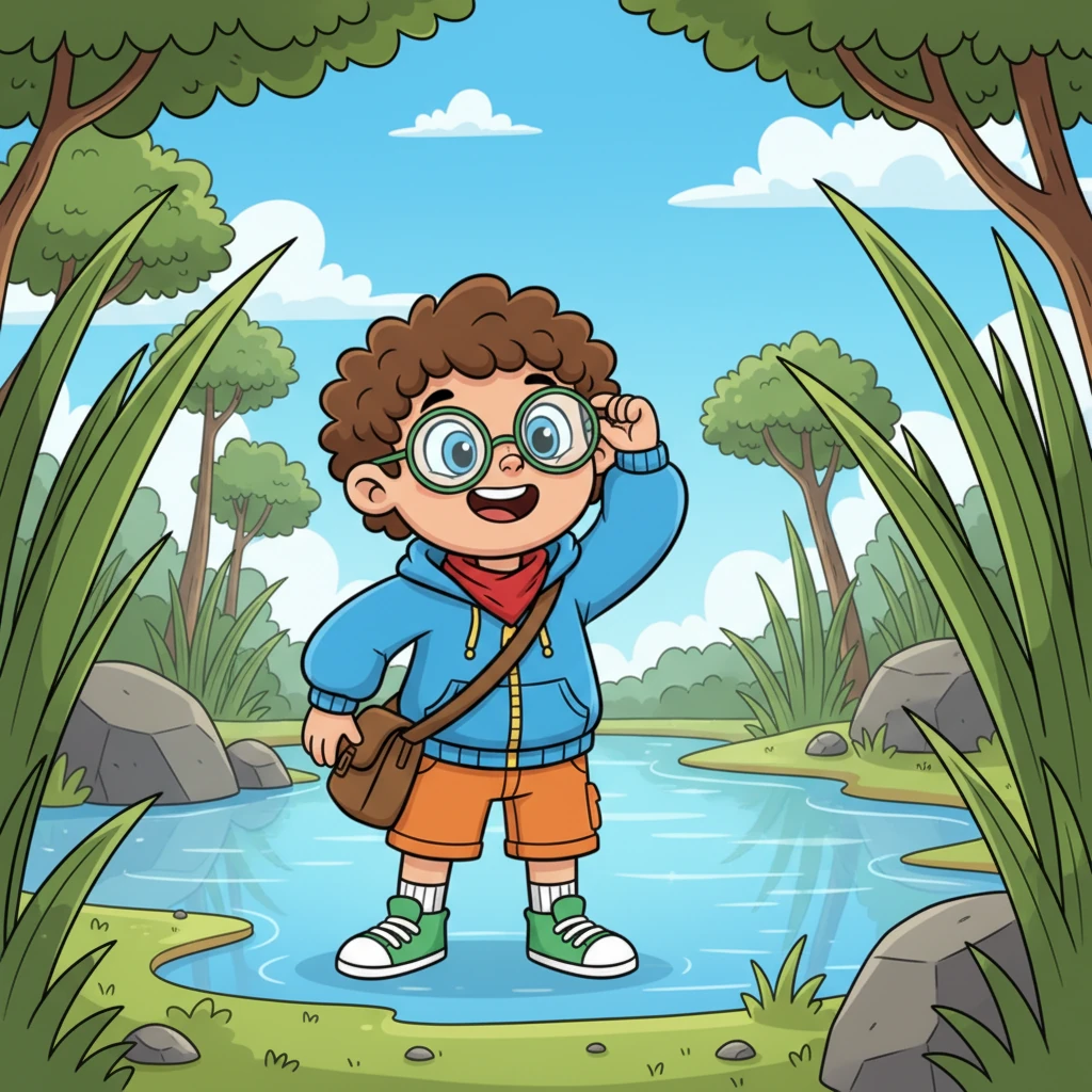 The backyard transformed into a wild, magnificent jungle. Towering blades of grass became swaying trees, pebbles turned into colossal boulders, and a tiny puddle was now a vast, shimmering lake. Milo adjusted his green glasses, his heart thumping with excitement and a touch of awe.