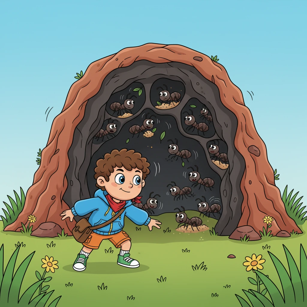 Taking a deep breath, Milo tiptoed towards the gaping maw of the ant colony. It looked like a dark, intricate cave system, filled with bustling activity. He carefully squeezed through the entrance, the earthy smell surrounding him as he ventured into the unknown.