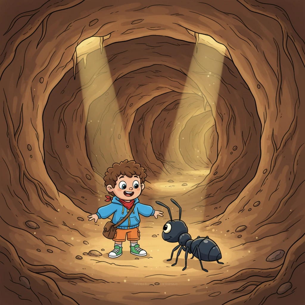 Inside, winding tunnels stretched in every direction, lit by faint shafts of light filtering from above. Milo soon bumped into a friendly-looking ant, its antennae wiggling curiously. Instead of fear, Milo felt a wave of wonder at the tiny creature.