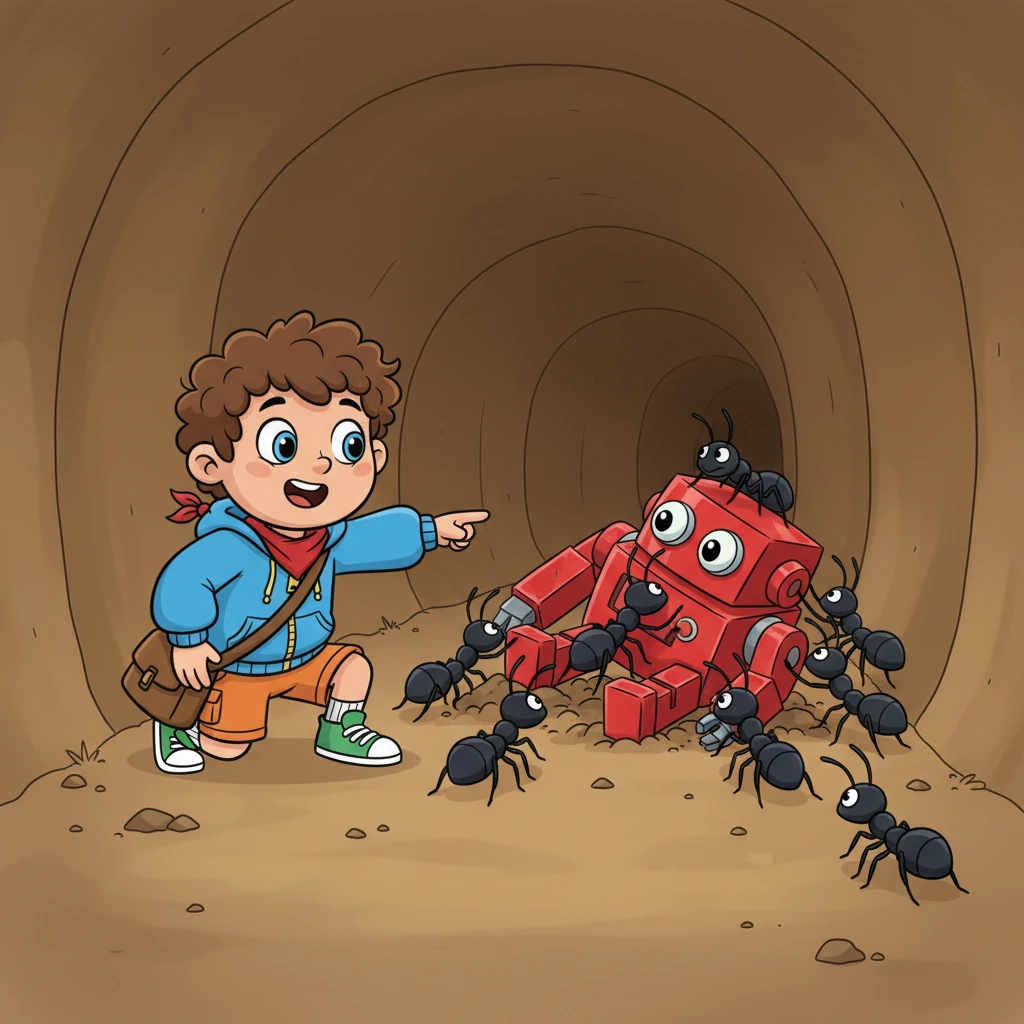 Deeper in the tunnels, Milo spotted it! Sparky, Lily's shiny red robot, lay on its side, surrounded by a dozen busy ants. They were trying their best to lift and carry it, but Sparky was simply too massive for them, even for a whole team.