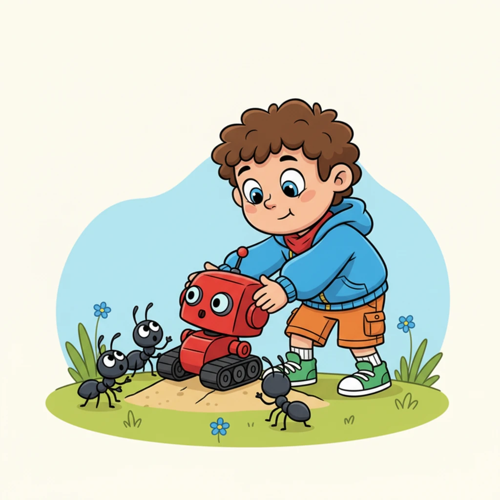 Milo, seeing their struggle, decided to lend a hand. He carefully pushed against Sparky's smooth plastic body, guiding it onto a flatter surface. The ants, surprised but grateful, quickly understood he was there to help.