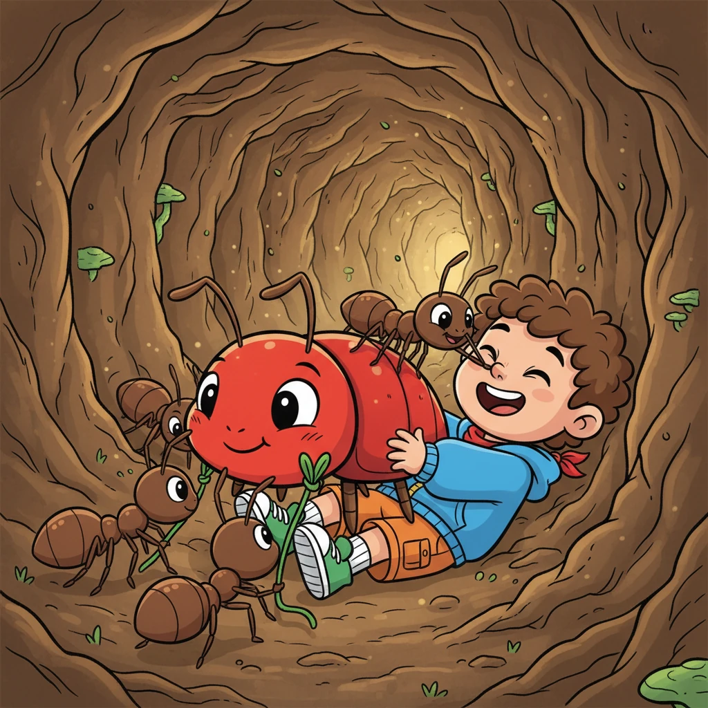 Working together, Milo and his new ant friends managed to maneuver Sparky through the narrow tunnels. They pushed and pulled, a tiny team with a big mission. Laughter bubbled up from Milo as the ants tickled his nose with their antennae in thanks.