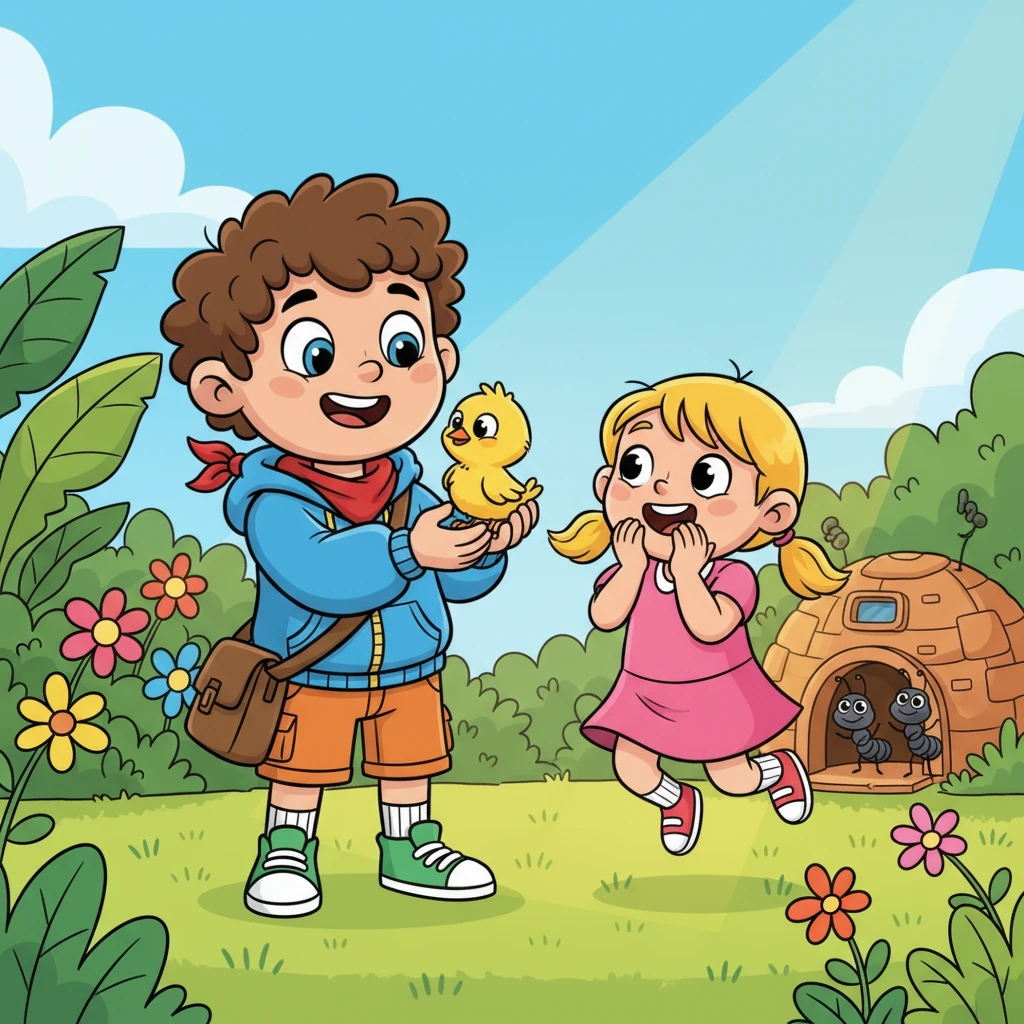 Finally, with a combined effort, Sparky was free from the colony and back in the sun-drenched backyard. Milo waved goodbye to his tiny companions before finding his secret spot and returning to his normal size, holding Sparky. Lily’s delighted squeal was the best sound of all, and Milo knew he'd made some truly unique friends.